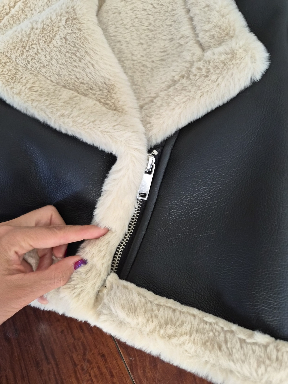 Forever 21 Cropped Faux Fur Moto Jacket Black/Cream XS - Picture 5 of 14